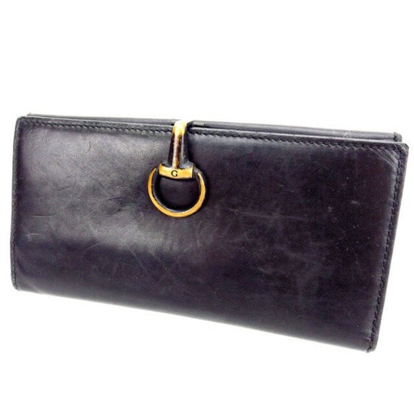 Authentic Gucci Wallet Purse Long Wallet G logos Black Gold WomanUsed